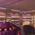 Elegant Shoe Boutique with Purple Gold Decor Racks Central Display High Heels Handbags Sofa Seats