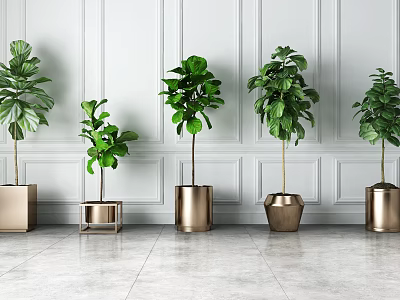 Green Foliage Potted Plants In Bronze Metal Pots Against White Paneled Walls On Marble Floor 3d model