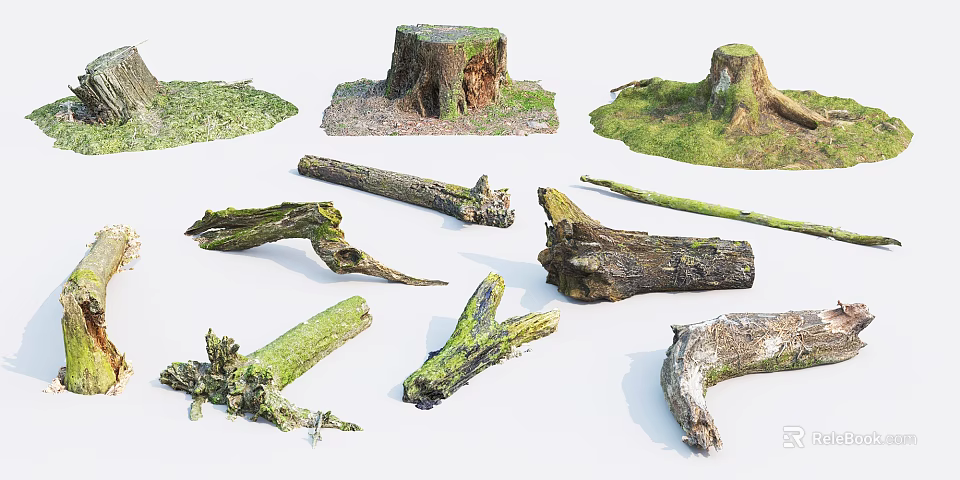 Natural Stone And Wood Elements With Moss Covered Tree Stumps And Branches 3d model