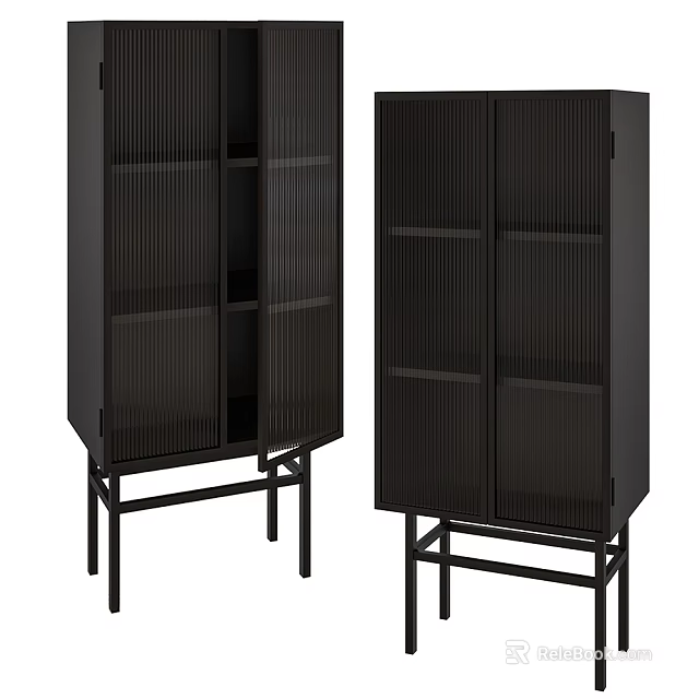 Modern Black Console Cabinet And Side Cabinet With Vertical Slats Open Shelves And Metal Legs 3d model 