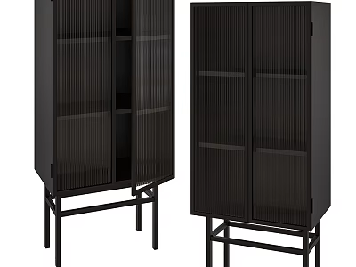 Modern Black Console Cabinet And Side Cabinet With Vertical Slats Open Shelves And Metal Legs 3d model