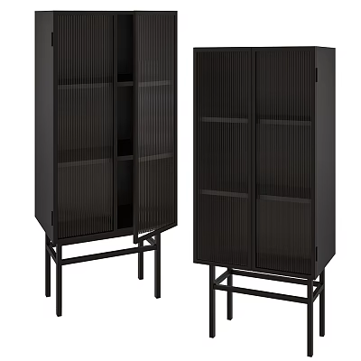 Modern Black Console Cabinet And Side Cabinet With Vertical Slats Open Shelves And Metal Legs 3d model