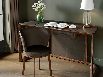 Dark Wooden Desk With Leather Chair Open Book Table Lamp And White Flowers Vase 3d model