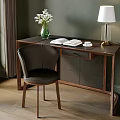 Dark Wooden Desk With Leather Chair Open Book Table Lamp And White Flowers Vase