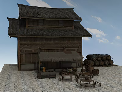 Traditional Commercial Complex With Wooden Structure Black Tiled Roof Stalls And Wooden Barrels 3d model