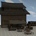 Traditional Commercial Complex With Wooden Structure Black Tiled Roof Stalls And Wooden Barrels