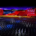 Stage Design with Red Blue Lighting Backdrop and Arranged Audience Seats Setup 3d model