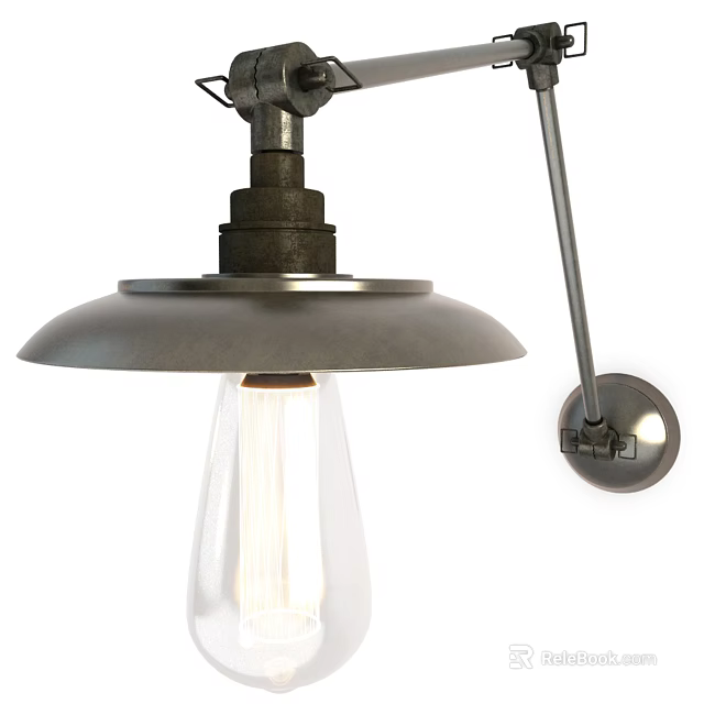 Industrial Style Wall Lamp With Metal Arm Shade And Vintage Clear Illuminated Bulb 3d model 