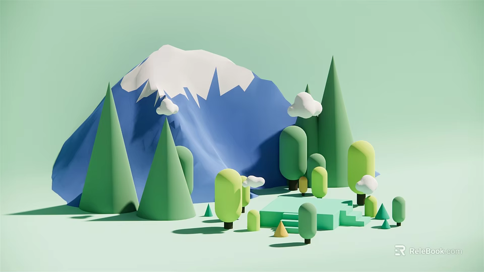 Playful Cartoon Scene With Snowy Mountain Green Trees Clouds And Geometric Shapes 3d model 