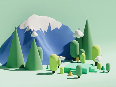 Playful Cartoon Scene With Snowy Mountain Green Trees Clouds And Geometric Shapes 3d model