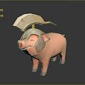Smiling Pink Pig 3D Model Wearing Decorative Helmet With Feather Plume Design