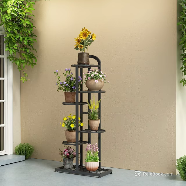 Multi Tiered Flower Stand With Potted Sunflowers Colorful Flowers And Green Vines 3d model 