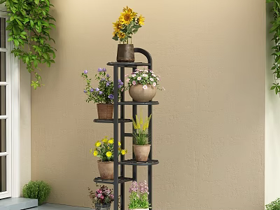 Multi Tiered Flower Stand With Potted Sunflowers Colorful Flowers And Green Vines 3d model