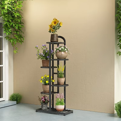 Multi Tiered Flower Stand With Potted Sunflowers Colorful Flowers And Green Vines 3d model