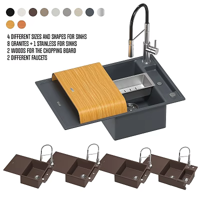 Versatile Kitchen Sink With Various Sizes Shapes Granite Stainless Steel Wooden Chopping Board And Faucets 3d model