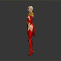 Blonde Woman In Red Outfit With Golden Decorations Detailed Character Model On Gray Background