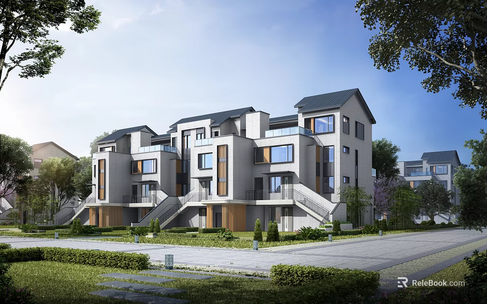 Modern Townhouses Architectural Design With Landscaping 3d model 