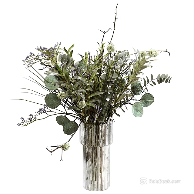 Fresh Flower Arrangement In Clear Textured Glass Vase With Eucalyptus Leaves White And Purple Blossoms 3d model 