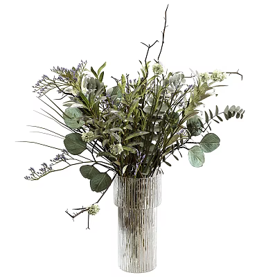 Fresh Flower Arrangement In Clear Textured Glass Vase With Eucalyptus Leaves White And Purple Blossoms 3d model