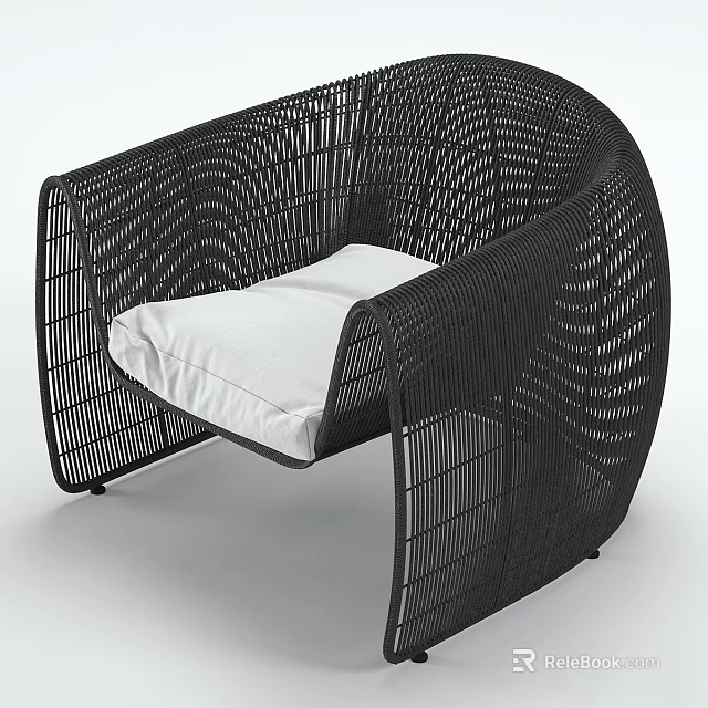 Outdoor Leisure Chair with Black Woven Structure and White Soft Cushion 3d model 