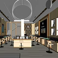 Luxury Jewelry Store Interior With Golden Display Cases Chandeliers And Mirrors