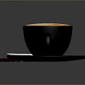 Coffee Latte Art in Black Cup on Saucer with Scattered Coffee Beans and Silver Spoon