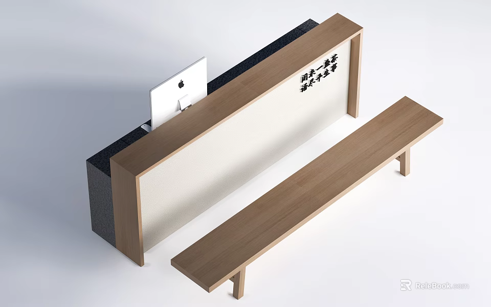 Modern Wooden Reception Desk With White Countertop Mac Computer And Side Bench 3d model 