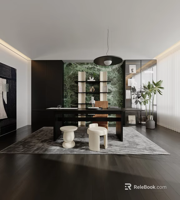 Modern Home Study Interior With Dark Wooden Desk Bookshelf Pendant Light And Green Plants 3d model 