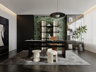 Modern Home Study Interior With Dark Wooden Desk Bookshelf Pendant Light And Green Plants 3d model