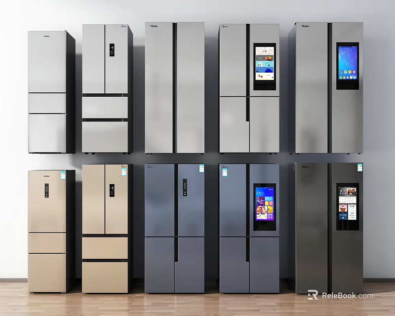 Multiple Modern Refrigerators With Varied Designs And Digital Display Features 3d model
