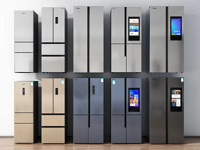 Multiple Modern Refrigerators With Varied Designs And Digital Display Features 3d model