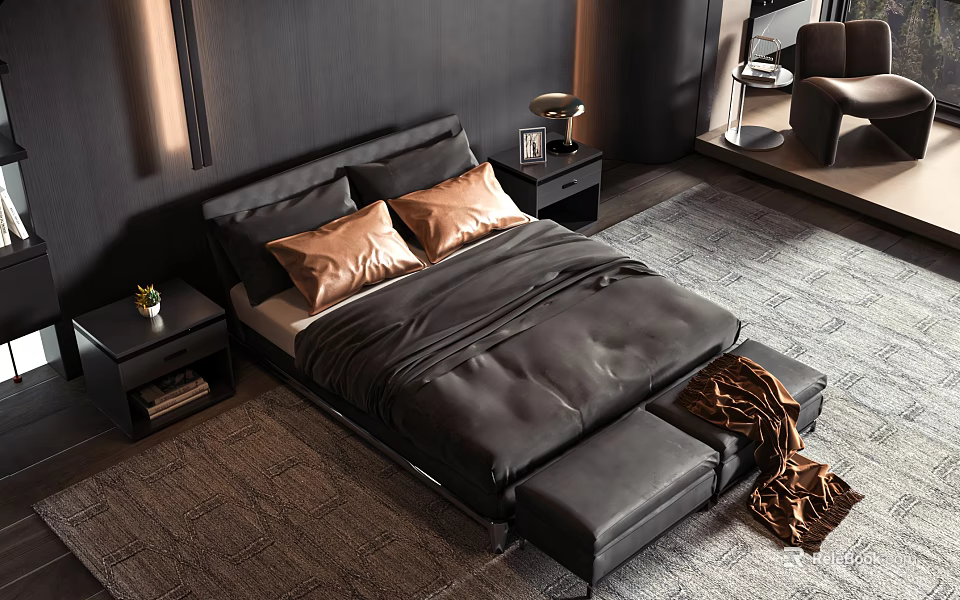 Stylish Dark Double Bed With Golden Pillows Nightstand Lamp Rug And Bed Bench 3d model 