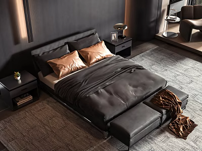 Stylish Dark Double Bed With Golden Pillows Nightstand Lamp Rug And Bed Bench 3d model