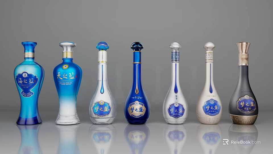 Elegant Wine Bottles With Various Designs Different Colors And Labels On 3d model