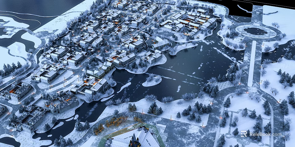 Aerial Planning of Snow Covered Community With Buildings Lakes Trees and Winter Landscape 3d model 