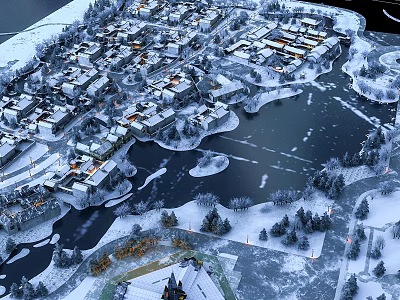 Aerial Planning of Snow Covered Community With Buildings Lakes Trees and Winter Landscape 3d model
