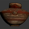 Traditional Handcrafted Ceramic Jar With Red Brown Spiral And Wavy Patterns
