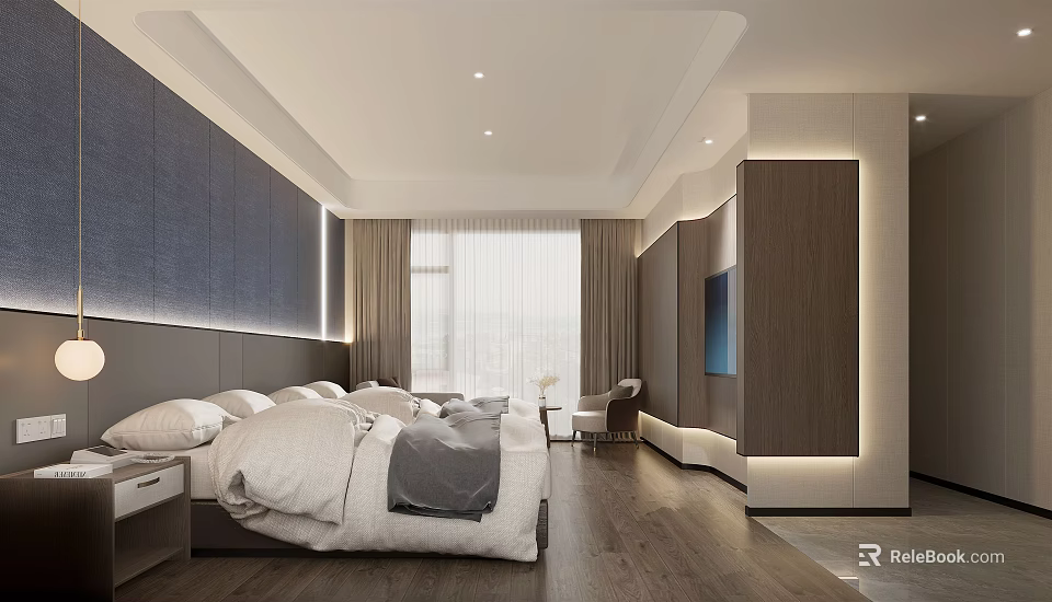 Modern Hotel Guest Room Interior With Comfortable Bed Soft Lighting Large Window And Wooden Floor 3d model 