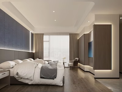 Modern Hotel Guest Room Interior With Comfortable Bed Soft Lighting Large Window And Wooden Floor 3d model