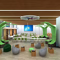 Kindergarten Bright Space Featuring Green Tree Structures Wooden Ceiling Gray Bean Bags And Blue Screen