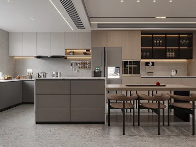 Modern Kitchen Interior Featuring Gray Cabinets Island Counter Appliances And Dining Chairs 3d model