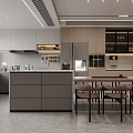 Modern Kitchen Interior Featuring Gray Cabinets Island Counter Appliances And Dining Chairs