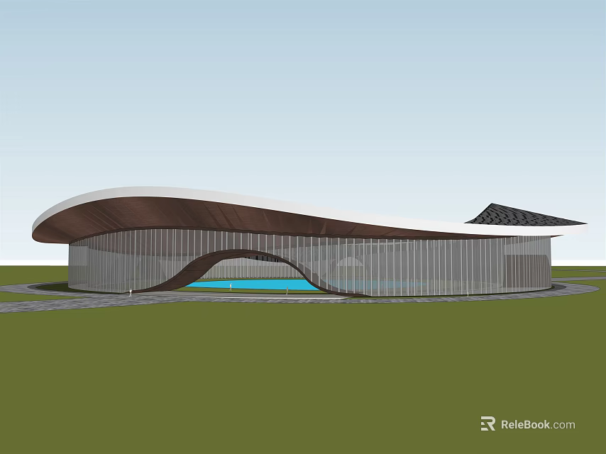 Modern Curved Building Featuring Streamlined Roof Metal Panels And Blue Water Feature On Lawn 3d model 