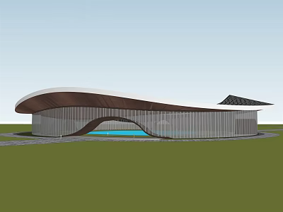 Modern Curved Building Featuring Streamlined Roof Metal Panels And Blue Water Feature On Lawn 3d model