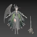 Witch Woman In Green And Black Robe With Black Wings Hat And Broomstick