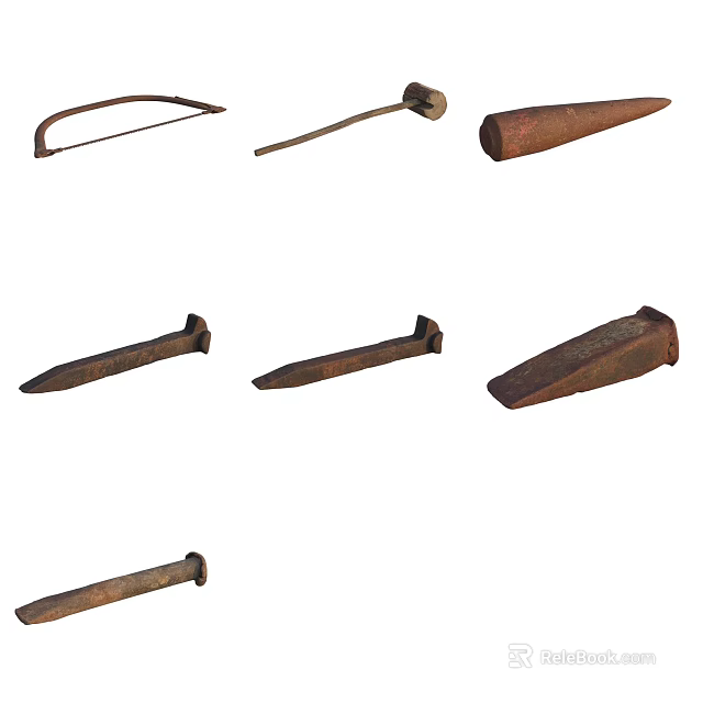 Traditional Metal Hardware Tools Including Hammer Nails Chisel and Various Shapes 3d model