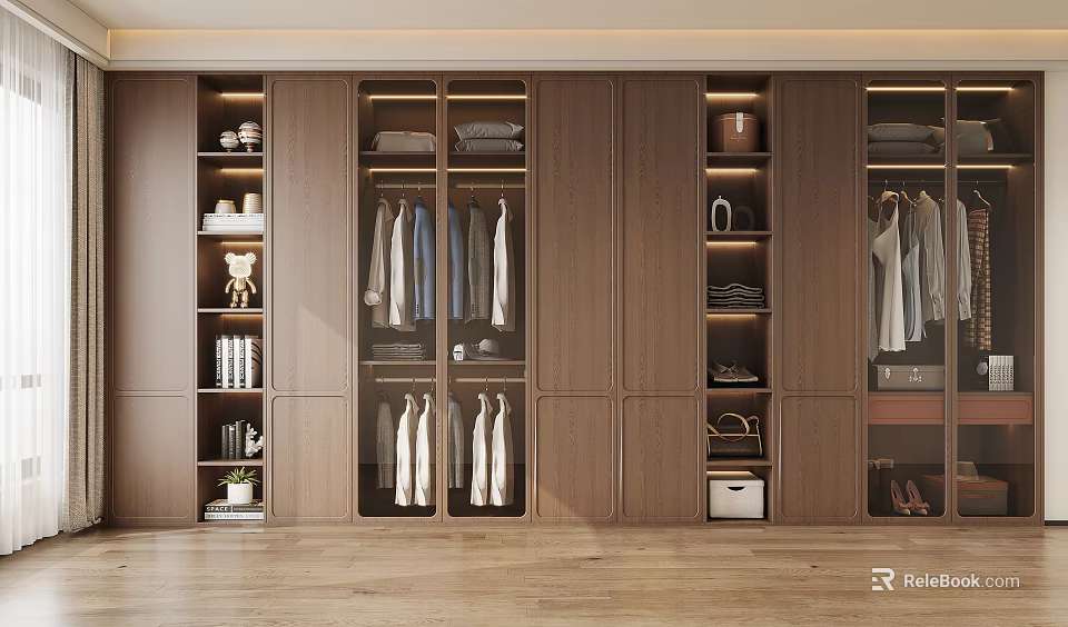 Modern Wooden Wardrobe Interior With Hanging Clothes Folded Linen And Storage Shelves 3d model 