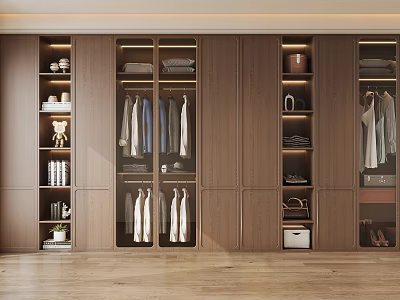 Modern Wooden Wardrobe Interior With Hanging Clothes Folded Linen And Storage Shelves 3d model