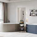 Beige And Navy Blue Bathtubs In Modern Bathroom With Black Faucets Toiletries And Shelves