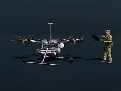 Military Drone Weapon Platform Operated by Soldier with Multi rotor Mounted Equipment 3d model